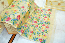Premium Quality Jangla Jaal Lotus Motif Work Muslin Silk Dhakai Jamdani in Lemon Chiffon, Blue and Multicolored Thread Work