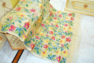 Premium Quality Jangla Jaal Lotus Motif Work Muslin Silk Dhakai Jamdani in Lemon Chiffon, Blue and Multicolored Thread Work