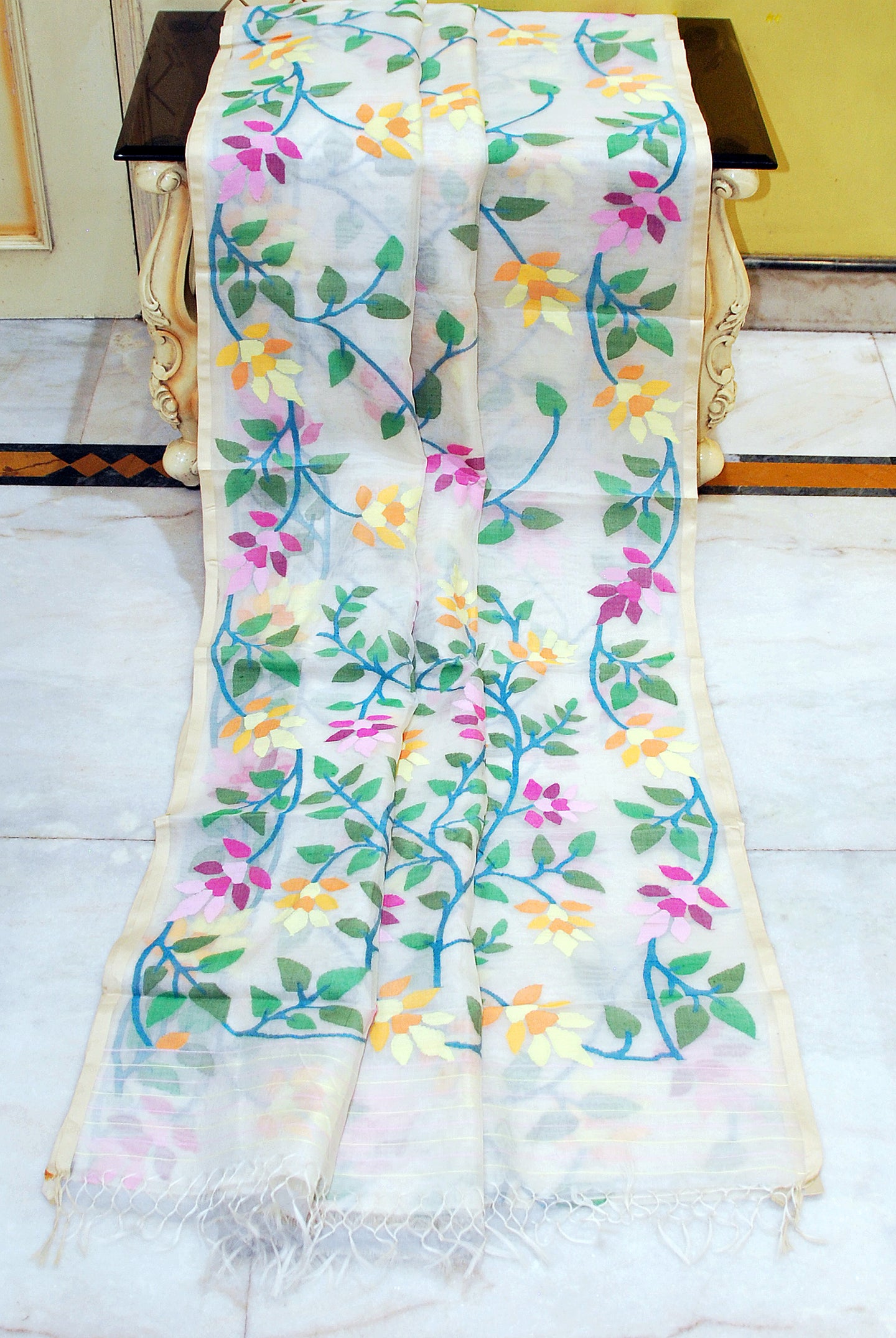 Premium Quality Jangla Jaal Lotus Motif Work Muslin Silk Dhakai Jamdani in Daisy White, Beige and Multicolored Thread Work