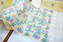 Premium Quality Jangla Jaal Lotus Motif Work Muslin Silk Dhakai Jamdani in Daisy White, Beige and Multicolored Thread Work