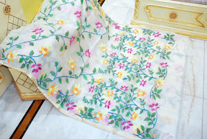Premium Quality Jangla Jaal Lotus Motif Work Muslin Silk Dhakai Jamdani in Daisy White, Beige and Multicolored Thread Work