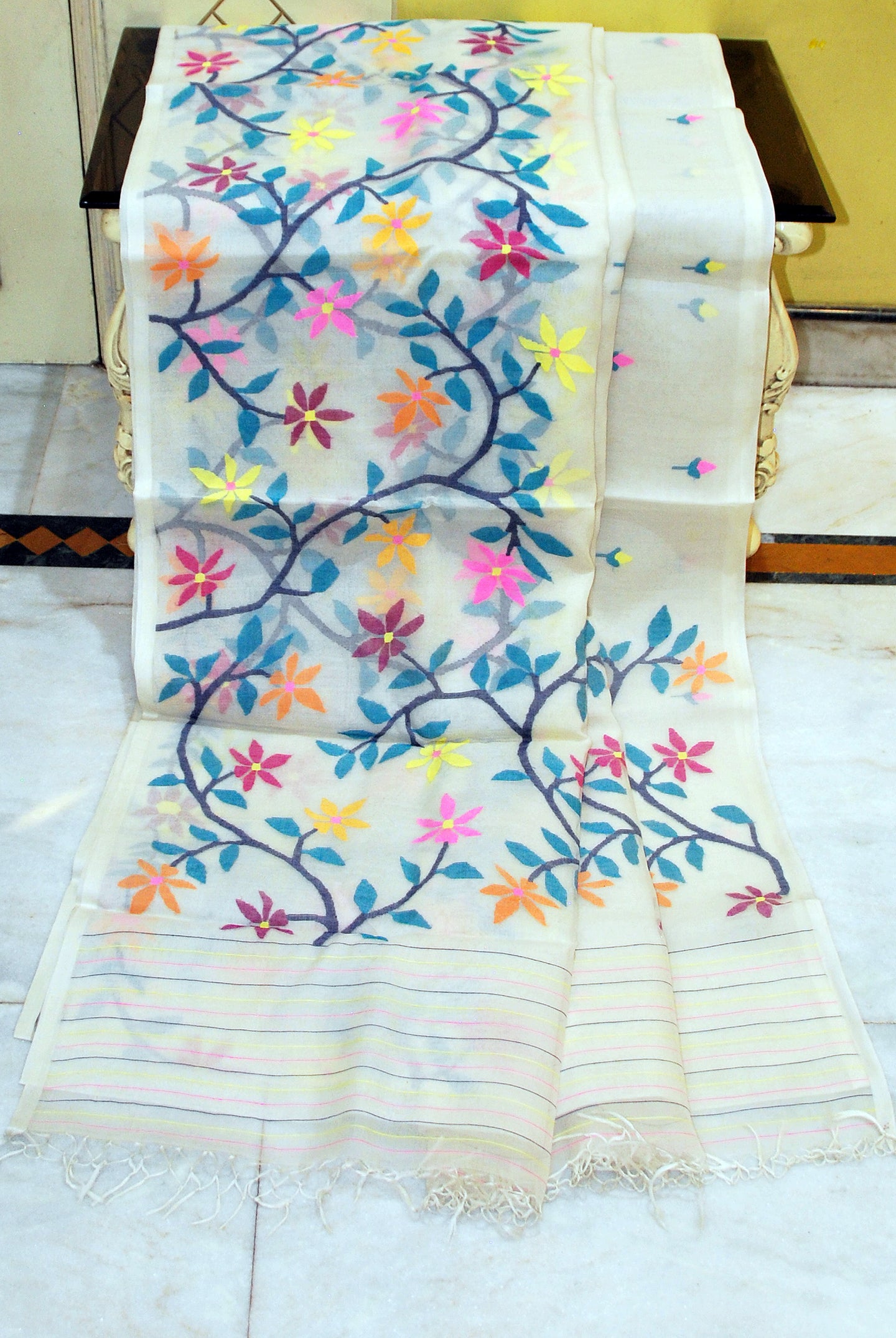 Premium Quality Hand Woven Floral Jasmine and Leaf Nakshi Work Muslin Silk Dhakai Jamdani Saree in Off White, Teal Blue and Multicolored