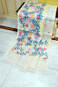 Premium Quality Hand Woven Floral Jasmine and Leaf Nakshi Work Muslin Silk Dhakai Jamdani Saree in Off White, Teal Blue and Multicolored