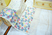 Premium Quality Hand Woven Floral Jasmine and Leaf Nakshi Work Muslin Silk Dhakai Jamdani Saree in Off White, Teal Blue and Multicolored