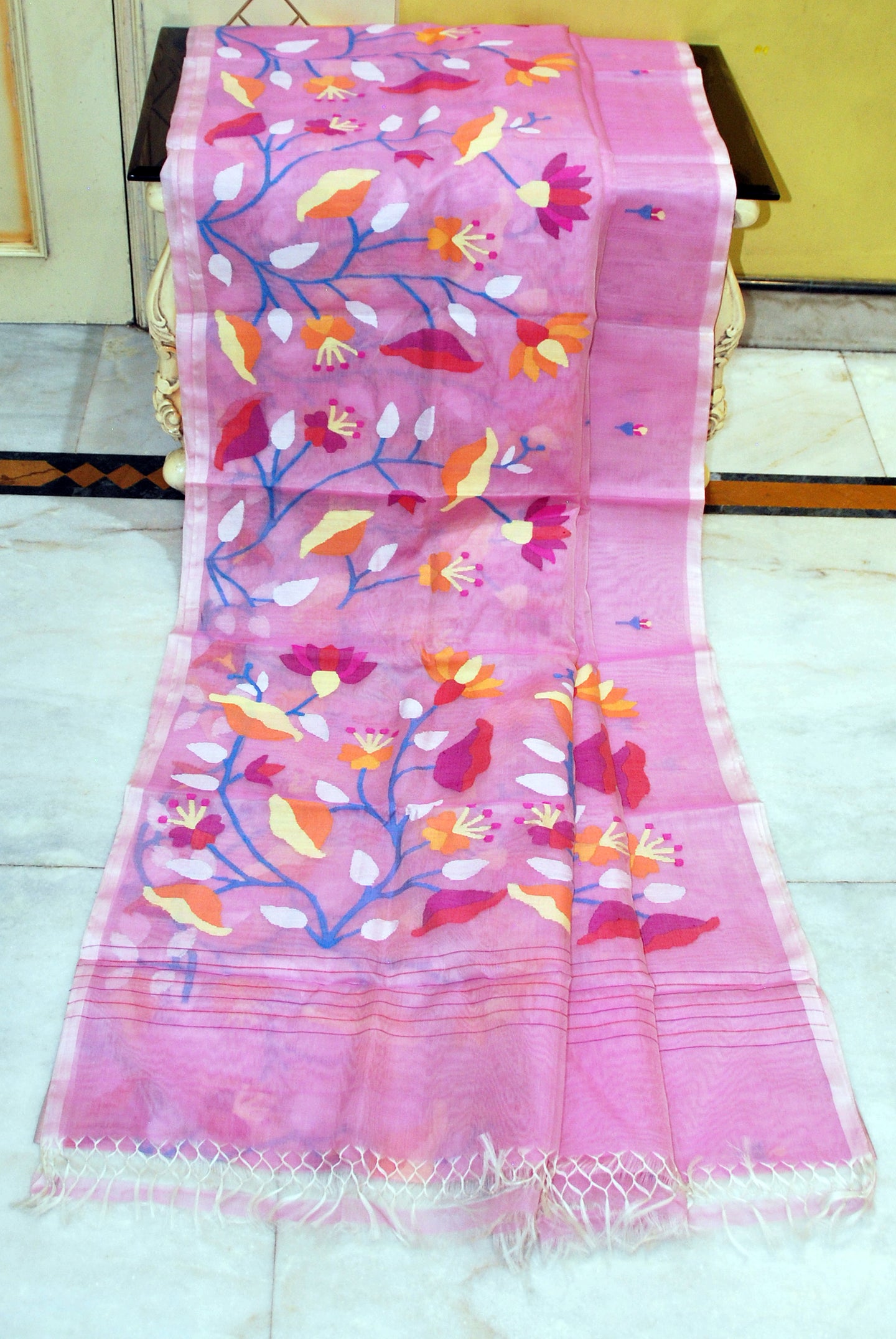 Premium Quality Hand Woven Floral Tulip and Lotus Nakshi Work Muslin Silk Dhakai Jamdani Saree in Lavender Rose Pink, Off White and Multicolored Minakari Thread Work