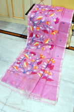 Premium Quality Hand Woven Floral Tulip and Lotus Nakshi Work Muslin Silk Dhakai Jamdani Saree in Lavender Rose Pink, Off White and Multicolored Minakari Thread Work