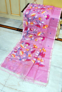Premium Quality Hand Woven Floral Tulip and Lotus Nakshi Work Muslin Silk Dhakai Jamdani Saree in Lavender Rose Pink, Off White and Multicolored Minakari Thread Work