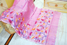 Premium Quality Hand Woven Floral Tulip and Lotus Nakshi Work Muslin Silk Dhakai Jamdani Saree in Lavender Rose Pink, Off White and Multicolored Minakari Thread Work