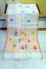Exclusive Silk Linen Jamdani Saree in Off White, Antique Golden and Multicolored Thread Work