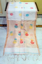 Exclusive Silk Linen Jamdani Saree in Off White, Antique Golden and Multicolored Thread Work