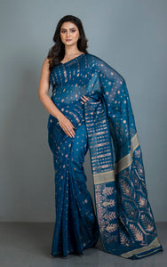 Soft Woven Jamdani Saree in Dark Blue, Beige and Antique Gold