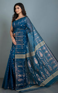 Soft Woven Jamdani Saree in Dark Blue, Beige and Antique Gold