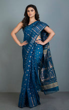 Soft Woven Jamdani Saree in Dark Blue, Beige and Antique Gold