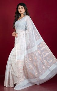 Soft Woven Jamdani Saree in White and Antique Gold