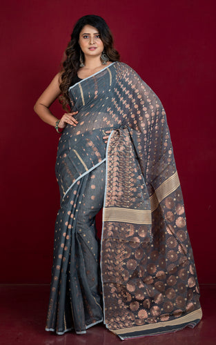 Soft Woven Jamdani Saree in Grey, Beige and Antique Gold