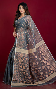 Soft Woven Jamdani Saree in Grey, Beige and Antique Gold