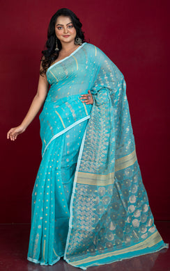 Soft Woven Jamdani Saree in Sky Blue and Antique Gold