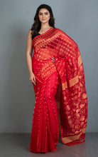 Soft Woven Jamdani Saree in Red, Beige and Antique Gold