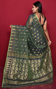 Soft Woven Jamdani Saree in Dark Basil Green, Natural Green and Matt Golden