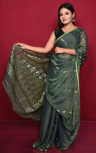 Soft Woven Jamdani Saree in Dark Basil Green, Natural Green and Matt Golden