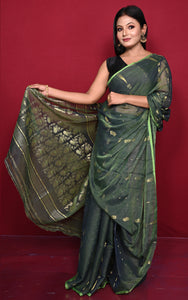 Soft Woven Jamdani Saree in Dark Basil Green, Natural Green and Matt Golden