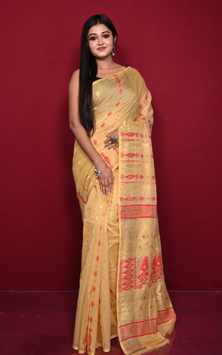 Soft Woven Jamdani Saree in Beige, Red and Matt Golden