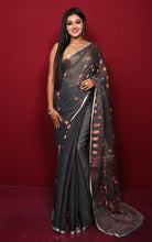 Soft Woven Jamdani Saree in Charcoal Black, Copper and Off White