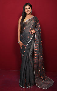 Soft Woven Jamdani Saree in Charcoal Black, Copper and Off White