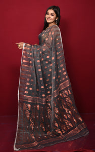 Soft Woven Jamdani Saree in Charcoal Black, Copper and Off White