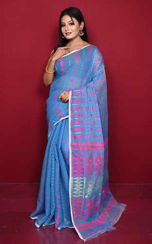 Soft Woven Jamdani Saree in Cobalt Blue, Hot Pink and Matt Golden