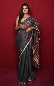 Soft Woven Jamdani Saree in Charcoal Black, Copper and Off White