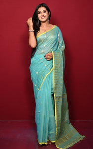 Soft Woven Jamdani Saree in Seagreen and Matt Yellow