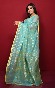 Soft Woven Jamdani Saree in Seagreen and Matt Yellow