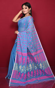 Soft Woven Jamdani Saree in Cobalt Blue, Hot Pink and Matt Golden