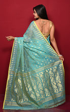 Soft Woven Jamdani Saree in Seagreen and Matt Yellow