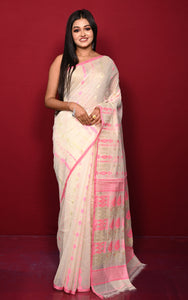 Soft Woven Jamdani Saree in Off White, Pink and and Matt Gold