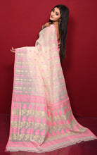 Soft Woven Jamdani Saree in Off White, Pink and and Matt Gold