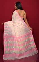 Soft Woven Jamdani Saree in Off White, Pink and and Matt Gold