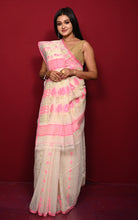 Soft Woven Jamdani Saree in Off White, Pink and and Matt Gold