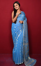 Soft Woven Jamdani Saree in Powder Blue,Off White and and Matt Gold