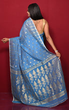 Soft Woven Jamdani Saree in Powder Blue,Off White and and Matt Gold