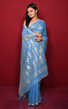 Soft Woven Jamdani Saree in Powder Blue,Off White and and Matt Gold