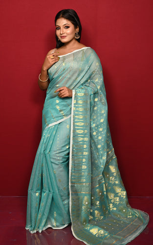 Soft Woven Jamdani Saree in Seagreen, Off White and Matt Golden