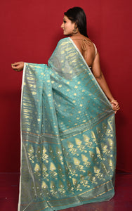 Soft Woven Jamdani Saree in Seagreen, Off White and Matt Golden