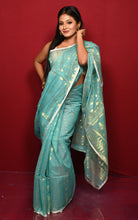 Soft Woven Jamdani Saree in Seagreen, Off White and Matt Golden