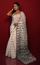 Soft Woven Jamdani Saree in White, Black and Matt Gold