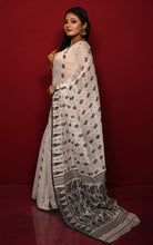 Soft Woven Jamdani Saree in White, Black and Matt Gold