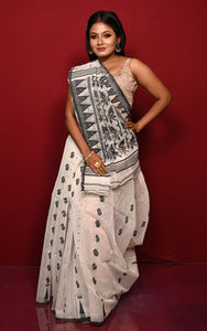 Soft Woven Jamdani Saree in White, Black and Matt Gold