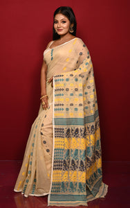 Soft Woven Jamdani Saree in Beige, Green, Black and Yellow