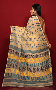 Soft Woven Jamdani Saree in Beige, Green, Black and Yellow